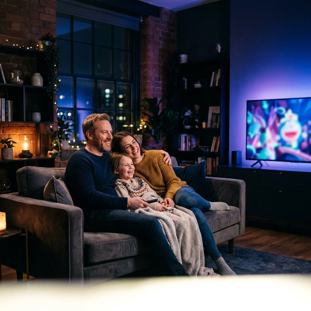 Family watching TiVistation IPTV on TV